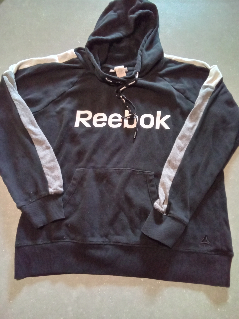 Reebok Men's Black Hoodie with Gray Sleeve Stripes and White Logo
